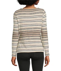 Liverpool Los Angeles Petite Size Rib Knit Stripe Boat Neck Long Sleeve Top
