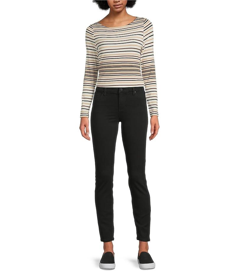 Liverpool Los Angeles Petite Size Rib Knit Stripe Boat Neck Long Sleeve Top
