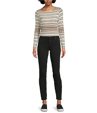 Liverpool Los Angeles Petite Size Rib Knit Stripe Boat Neck Long Sleeve Top