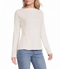 Liverpool Los Angeles Petite Size Ribbed Knit Asymmetrical Boat Neck Long Sleeve Sweater
