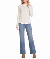 Liverpool Los Angeles Petite Size Ribbed Knit Asymmetrical Boat Neck Long Sleeve Sweater