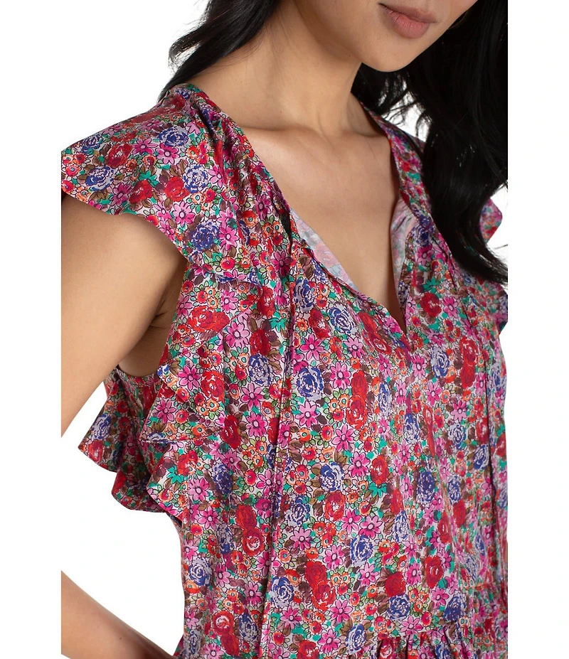 Liverpool Los Angeles Petite Size Stretch Woven Print V-Neck Tassel Tie Flutter Sleeve Top