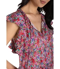 Liverpool Los Angeles Petite Size Stretch Woven Print V-Neck Tassel Tie Flutter Sleeve Top