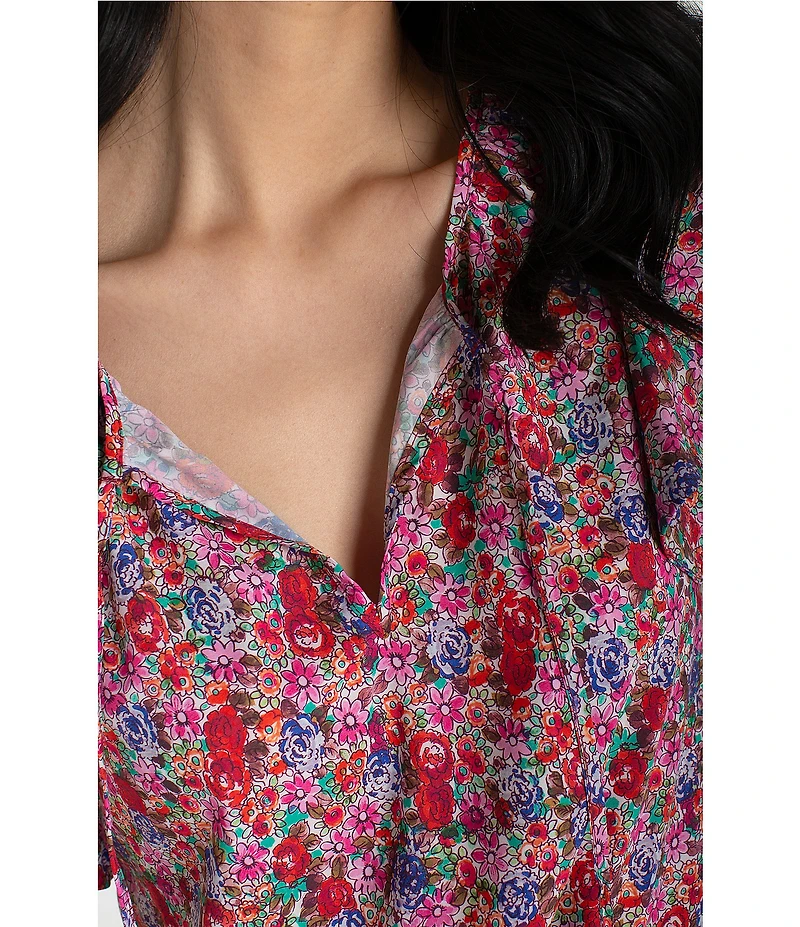 Liverpool Los Angeles Petite Size Stretch Woven Print V-Neck Tassel Tie Flutter Sleeve Top