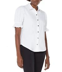 Liverpool Los Angeles Petite Size Tech Knit Point Collar Short Puff Ruffle Cuff Sleeve Button Front Shirt