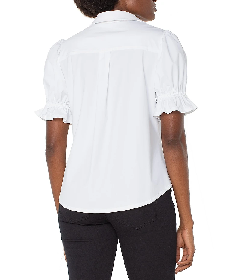 Liverpool Los Angeles Petite Size Tech Knit Point Collar Short Puff Ruffle Cuff Sleeve Button Front Shirt