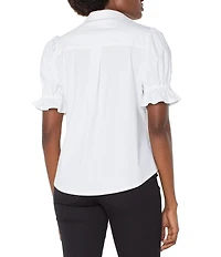 Liverpool Los Angeles Petite Size Tech Knit Point Collar Short Puff Ruffle Cuff Sleeve Button Front Shirt