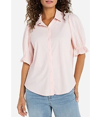 Liverpool Los Angeles Petite Size Tech Knit Point Collar Short Puff Ruffle Cuff Sleeve Button Front Shirt
