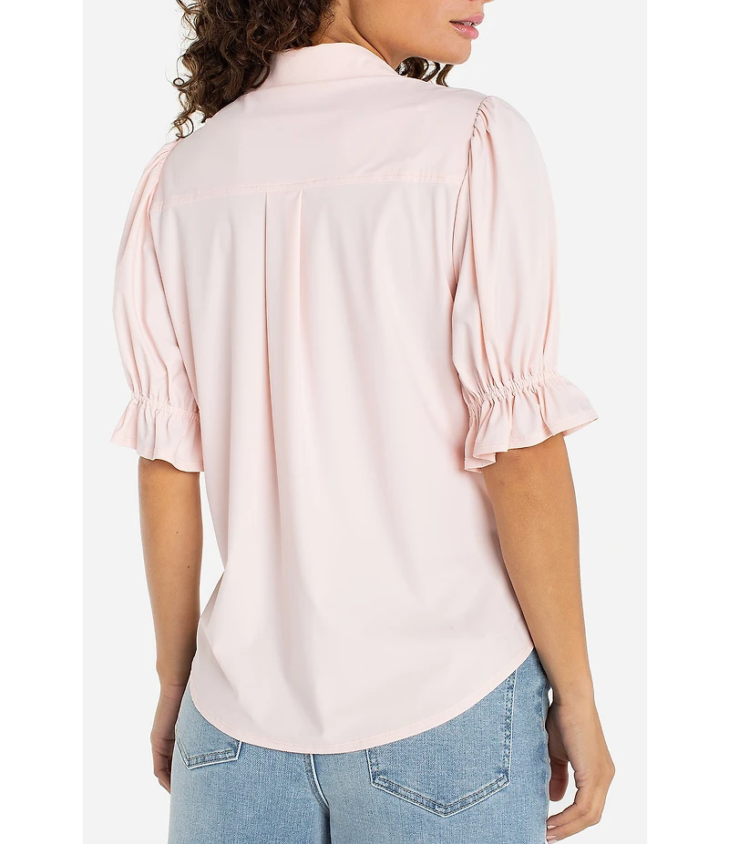 Liverpool Los Angeles Petite Size Tech Knit Point Collar Short Puff Ruffle Cuff Sleeve Button Front Shirt