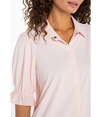 Liverpool Los Angeles Petite Size Tech Knit Point Collar Short Puff Ruffle Cuff Sleeve Button Front Shirt