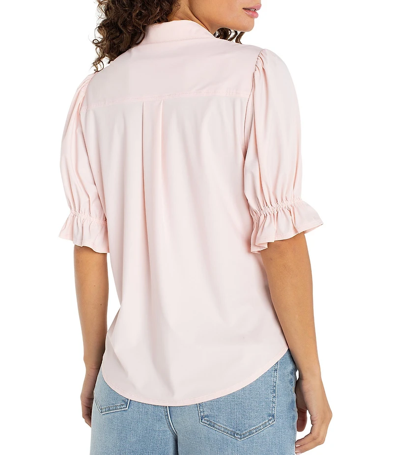 Liverpool Los Angeles Petite Size Tech Knit Point Collar Short Puff Ruffle Cuff Sleeve Button Front Shirt