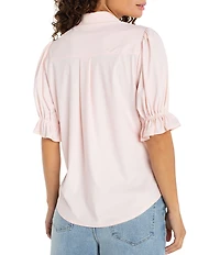 Liverpool Los Angeles Petite Size Tech Knit Point Collar Short Puff Ruffle Cuff Sleeve Button Front Shirt