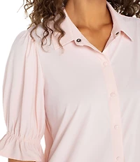 Liverpool Los Angeles Petite Size Tech Knit Point Collar Short Puff Ruffle Cuff Sleeve Button Front Shirt