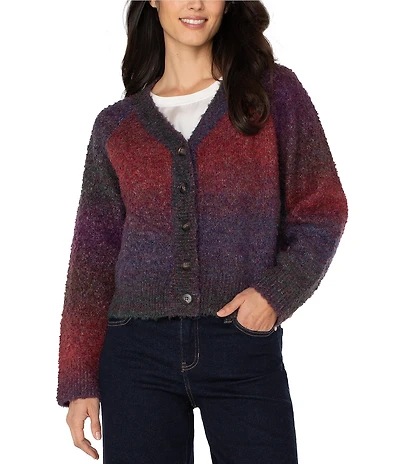 Liverpool Los Angeles Petite Size Textured Boucle Yarn Ombre Button-Front Cardigan