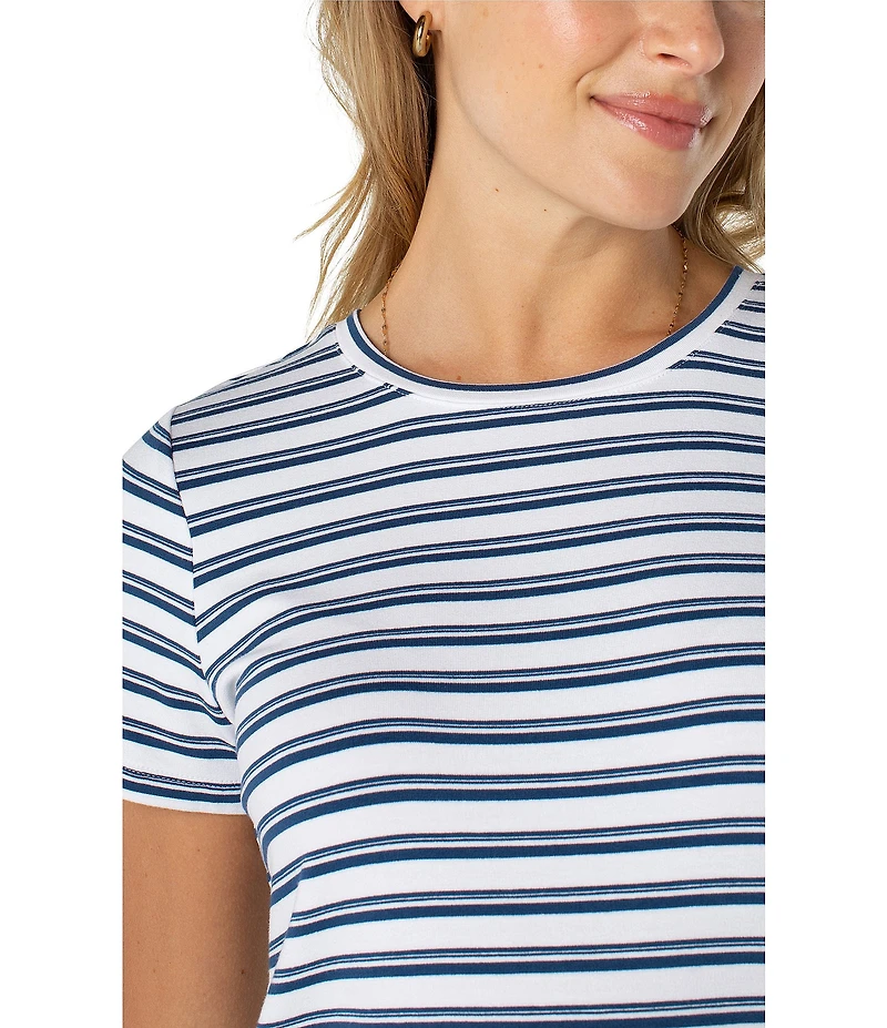 Liverpool Los Angeles Petite Size Variegated Stripe Knit Crew Neck Short Sleeve Slim Fit Tee