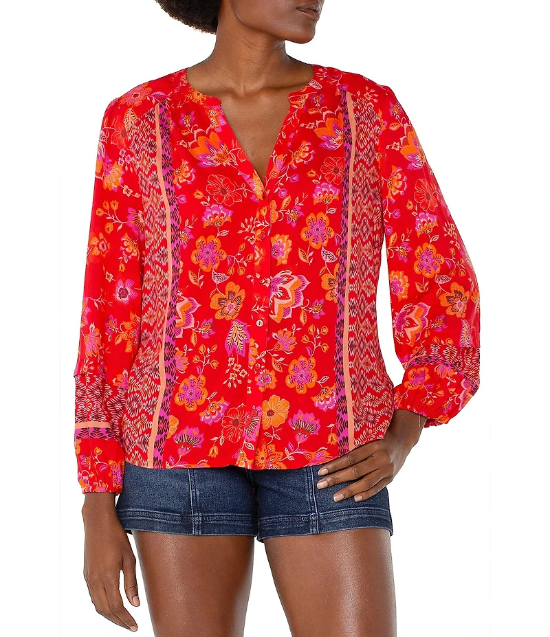 Liverpool Los Angeles Petite Size Woven Floral Split V-Neck Long Sleeve Button Front Blouse