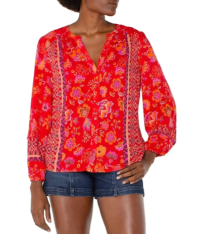 Liverpool Los Angeles Petite Size Woven Floral Split V-Neck Long Sleeve Button Front Blouse