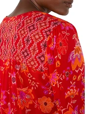 Liverpool Los Angeles Petite Size Woven Floral Split V-Neck Long Sleeve Button Front Blouse