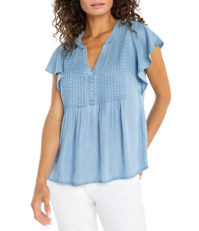 Liverpool Los Angeles Petite Size Woven Pintuck Split V-Neck Flutter Cap Sleeve Top