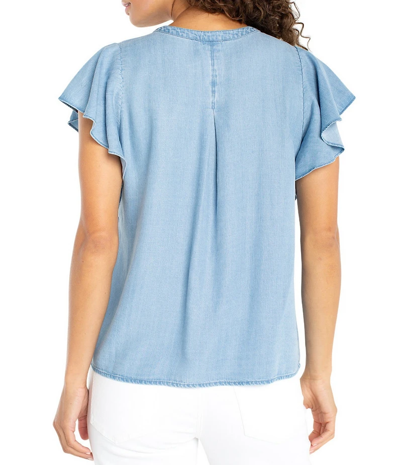 Liverpool Los Angeles Petite Size Woven Pintuck Split V-Neck Flutter Cap Sleeve Top