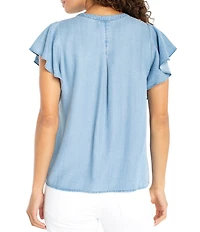 Liverpool Los Angeles Petite Size Woven Pintuck Split V-Neck Flutter Cap Sleeve Top