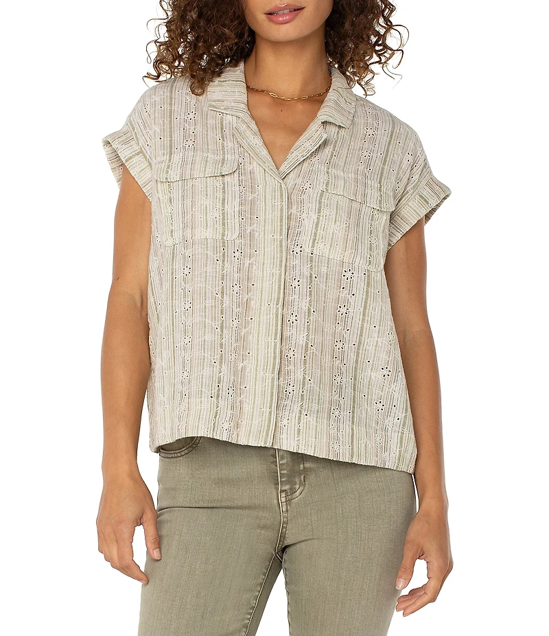Liverpool Los Angeles Petite Size Yarn-Dyed Stripe Notch Collar Rolled Cap Sleeve Camp Shirt