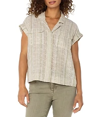 Liverpool Los Angeles Petite Size Yarn-Dyed Stripe Notch Collar Rolled Cap Sleeve Camp Shirt