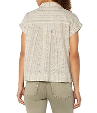 Liverpool Los Angeles Petite Size Yarn-Dyed Stripe Notch Collar Rolled Cap Sleeve Camp Shirt