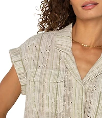 Liverpool Los Angeles Petite Size Yarn-Dyed Stripe Notch Collar Rolled Cap Sleeve Camp Shirt