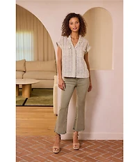 Liverpool Los Angeles Petite Size Yarn-Dyed Stripe Notch Collar Rolled Cap Sleeve Camp Shirt