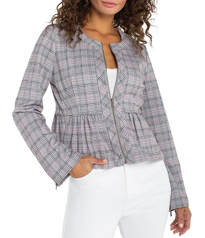 Liverpool Los Angeles Plaid Knit Round Neck Long Sleeve Peplum Jacket