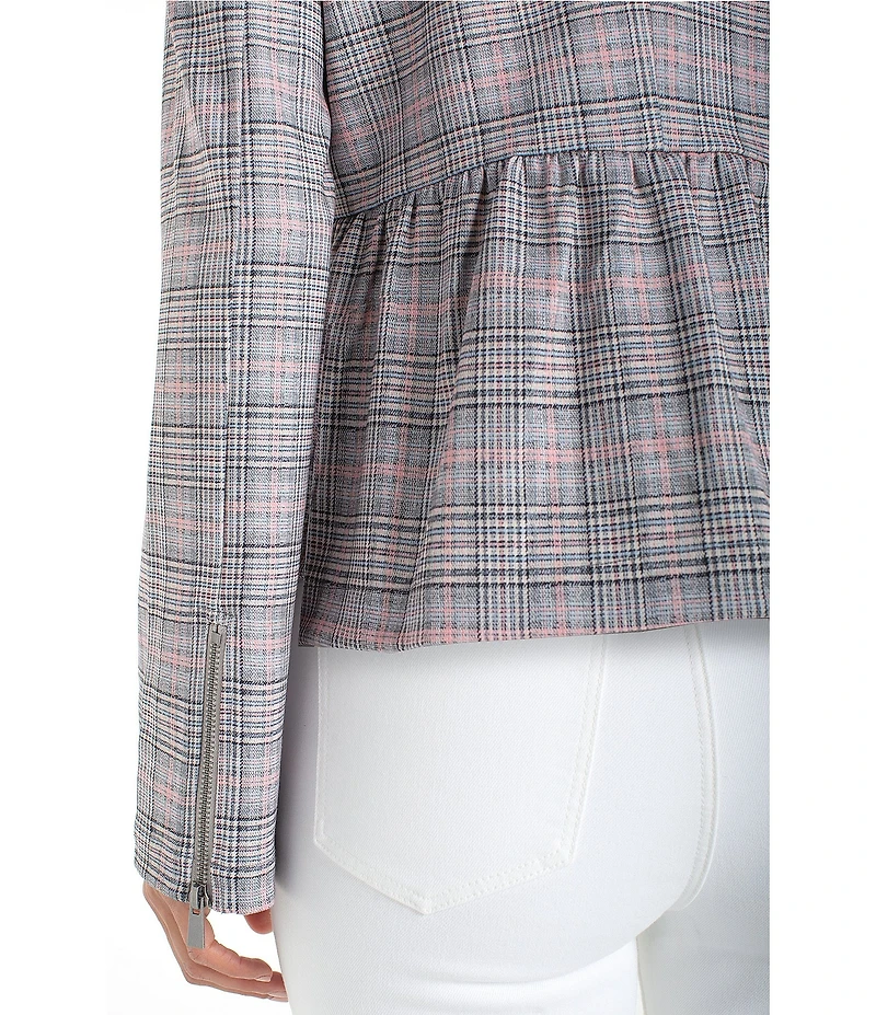 Liverpool Los Angeles Plaid Knit Round Neck Long Sleeve Peplum Jacket