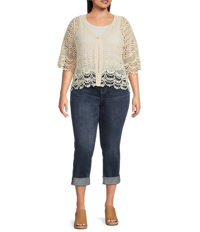 Liverpool Los Angeles Plus Size Lace-Trimmed V-Neck Short Sleeve Bolero Topper Cardigan