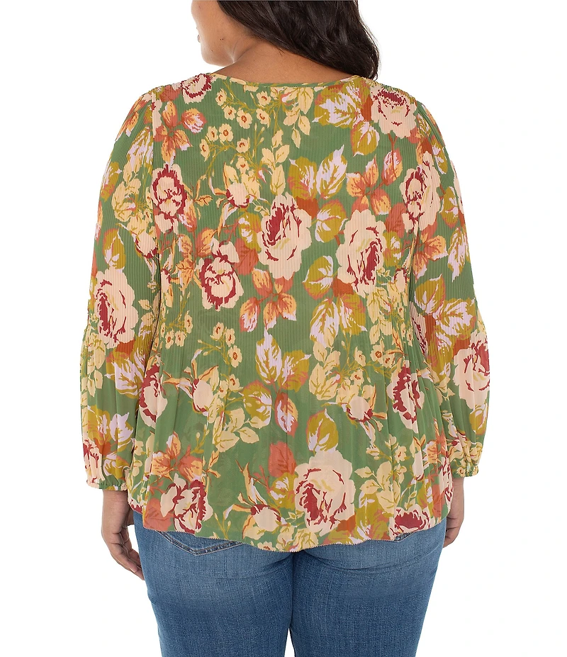 Liverpool Los Angeles Plus Size Chiffon Floral Print V-Neck Long Sleeve Pleated Top