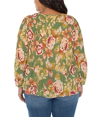 Liverpool Los Angeles Plus Size Chiffon Floral Print V-Neck Long Sleeve Pleated Top
