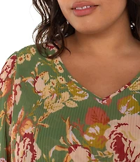 Liverpool Los Angeles Plus Size Chiffon Floral Print V-Neck Long Sleeve Pleated Top