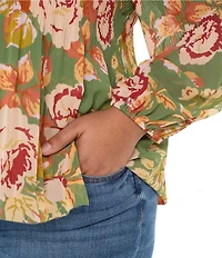 Liverpool Los Angeles Plus Size Chiffon Floral Print V-Neck Long Sleeve Pleated Top