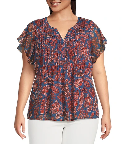 Liverpool Los Angeles Plus Size Chiffon Floral Printed Split V-Neck Flutter Sleeve Blouse