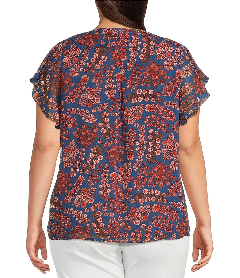 Liverpool Los Angeles Plus Size Chiffon Floral Printed Split V-Neck Flutter Sleeve Blouse