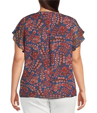Liverpool Los Angeles Plus Size Chiffon Floral Printed Split V-Neck Flutter Sleeve Blouse