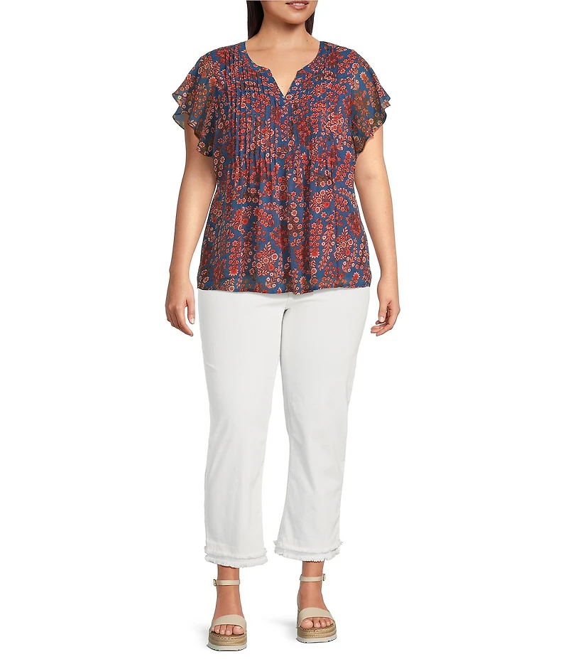 Liverpool Los Angeles Plus Size Chiffon Floral Printed Split V-Neck Flutter Sleeve Blouse