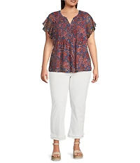Liverpool Los Angeles Plus Size Chiffon Floral Printed Split V-Neck Flutter Sleeve Blouse
