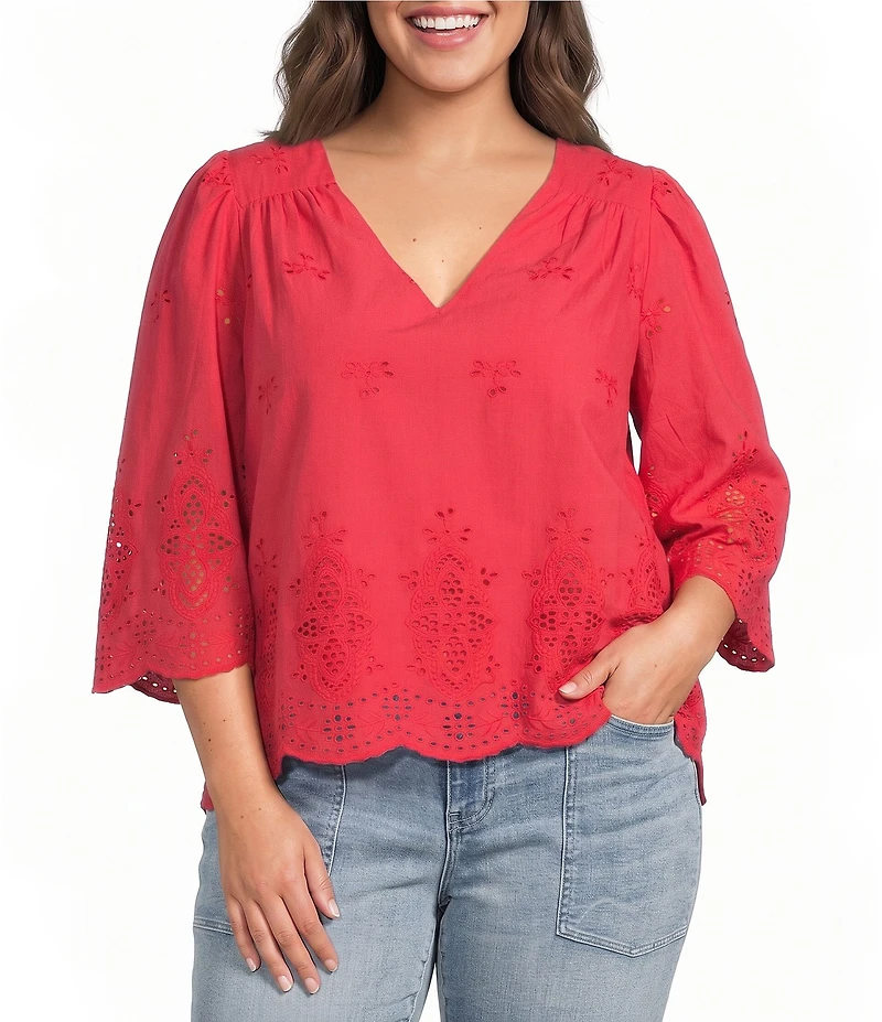 Liverpool Los Angeles Plus Size Cotton Embroidered Eyelet V-Neck 3/4 Sleeve Scallop Edge Top