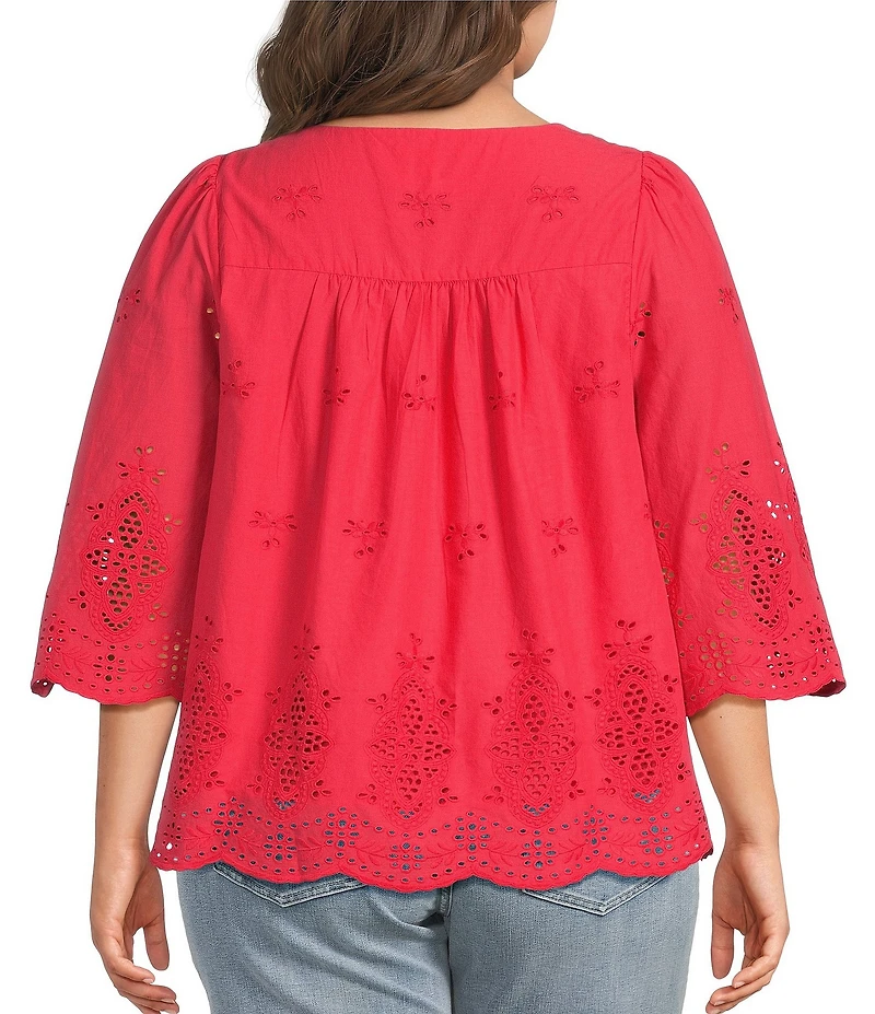 Liverpool Los Angeles Plus Size Cotton Embroidered Eyelet V-Neck 3/4 Sleeve Scallop Edge Top