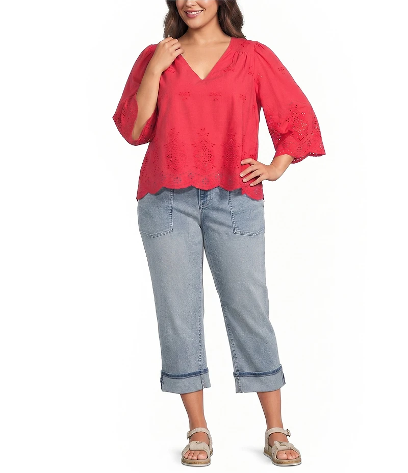 Liverpool Los Angeles Plus Size Cotton Embroidered Eyelet V-Neck 3/4 Sleeve Scallop Edge Top