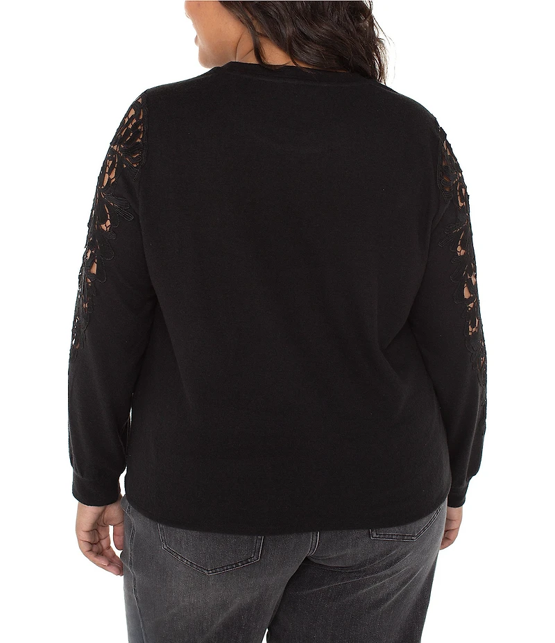 Liverpool Los Angeles Plus Size Crew Neck Long Soft Lace Inset Sleeve Top