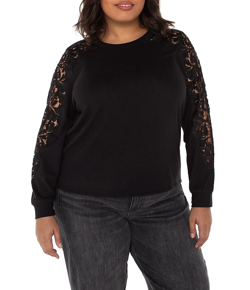 Liverpool Los Angeles Plus Size Crew Neck Long Soft Lace Inset Sleeve Top
