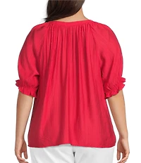 Liverpool Los Angeles Plus Size Crinkle Woven Split V-Neck Short Sleeve Blouse