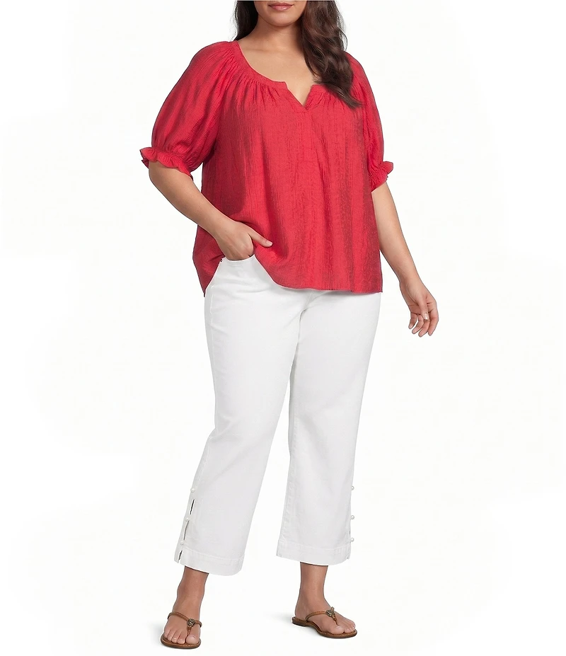 Liverpool Los Angeles Plus Size Crinkle Woven Split V-Neck Short Sleeve Blouse