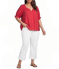 Liverpool Los Angeles Plus Size Crinkle Woven Split V-Neck Short Sleeve Blouse